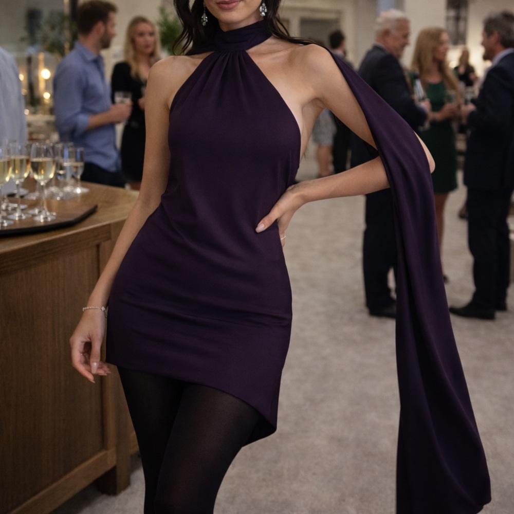House of CB Aida Purple Satin Mini Dress Open Back Size L+ New Cocktail Sexy